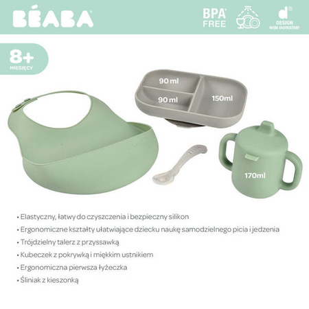 Beaba Silikonowy zestaw do posiłków (talerzyk trójdzielny z przyssawką, kubek z dziubkiem, łyżeczka i śliniak)