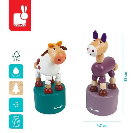 Drewniane tańczące zwierzątka Krówka + Osiołek Pocket 3+, opakowanie zbiorcze 10 sztuk (2 rodzaje), Janod
