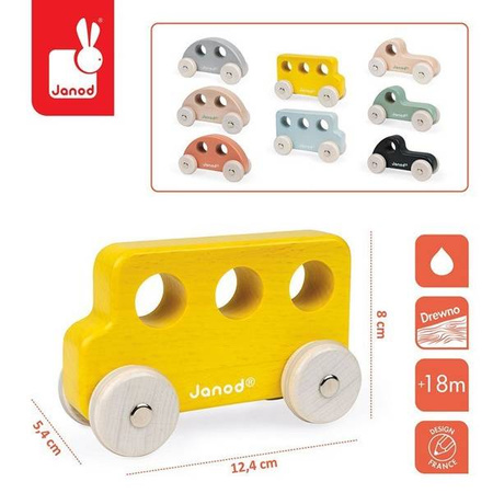 Drewniane pojazdy Sweet Cocoon, opakowanie zbiorcze 8 sztuk (3 modele: 3+3+2), Janod