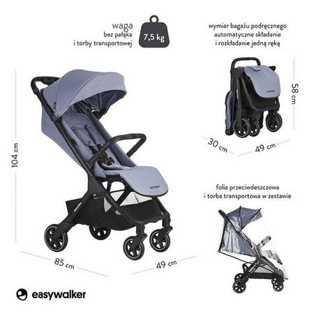 Easywalker Jackey Kompaktowy, samoskładający się wózek spacerowy z torbą transportową Steel Grey