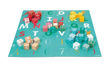 Drewniane klocki z puzzlami Kubix Litery i cyfry 40 elementów 2+, Janod