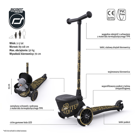 SCOOTANDRIDE Highwaykick 2 Lifestyle Hulajnoga trójkołowa balansowa z zamykanym schowkiem 2+ Black & Gold EDYCJA LIMITOWANA
