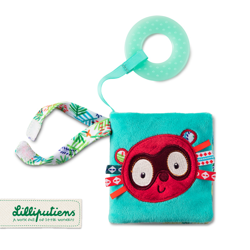 LILLIPUTIENS Mini-książeczka wielofunkcyjna z szeleszczącą folią i gryzakiem Lemur George 6 m+