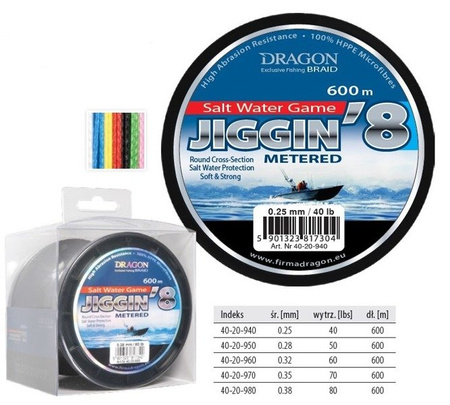 Plecionka morska Salt Water Game JIGGIN'8 600 m 0.28 mm/50 lb 7 kol. x 10 m DRAGON TDC-40-20-950