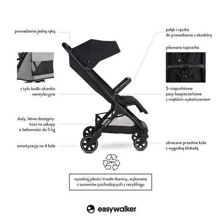 Easywalker Jackey Kompaktowy, samoskładający się wózek spacerowy z torbą transportową Shadow Black