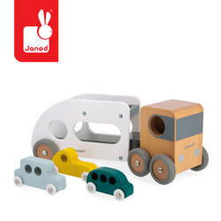 Laweta z 3 pojazdami drewniana Bolid 2+, Janod