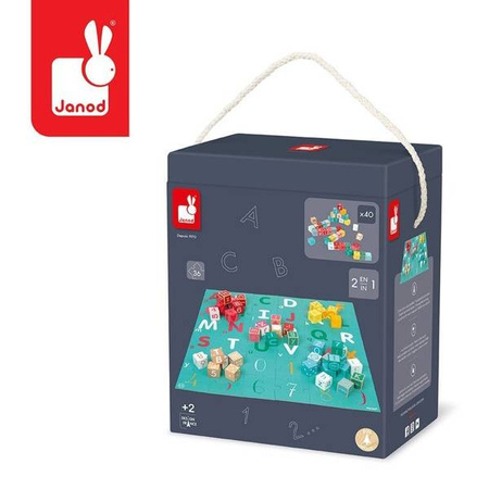 Drewniane klocki z puzzlami Kubix Litery i cyfry 40 elementów 2+, Janod