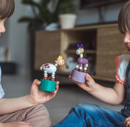 Drewniane tańczące zwierzątka Krówka + Osiołek Pocket 3+, opakowanie zbiorcze 10 sztuk (2 rodzaje), Janod