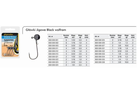 GŁÓWKI JIGOWE WOLFRAMOWE BLACK 2-10,6g /3/8oz. OP.2SZT SPINNING SYSTEM KAMATSU 668006027