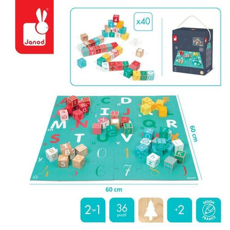Drewniane klocki z puzzlami Kubix Litery i cyfry 40 elementów 2+, Janod