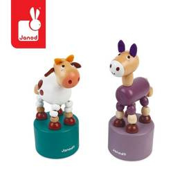 Drewniane tańczące zwierzątka Krówka + Osiołek Pocket 3+, opakowanie zbiorcze 10 sztuk (2 rodzaje), Janod