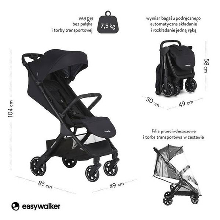 Easywalker Jackey Kompaktowy, samoskładający się wózek spacerowy z torbą transportową Shadow Black