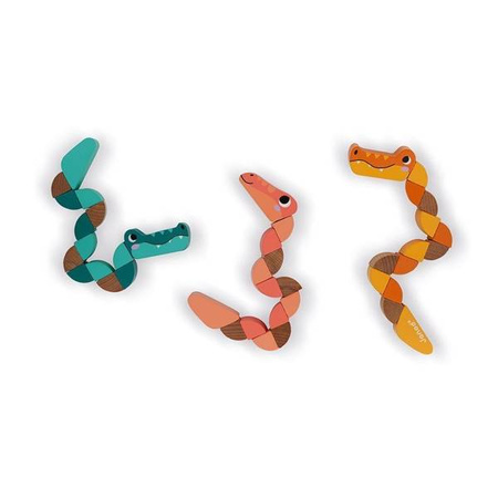 Drewniana elastyczna układanka Wąż + Krokodyl Pocket 2+, opakowanie zbiorcze 12 sztuk (3 rodzaje), Janod