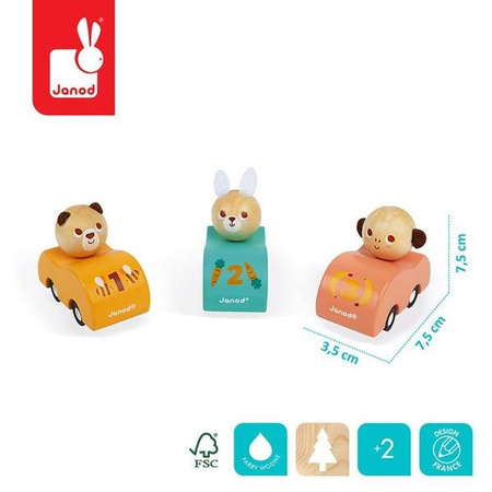 Drewniany samochodzik z napędem Pocket 2+, opakowanie zbiorcze 15 sztuk (3 rodzaje), Janod