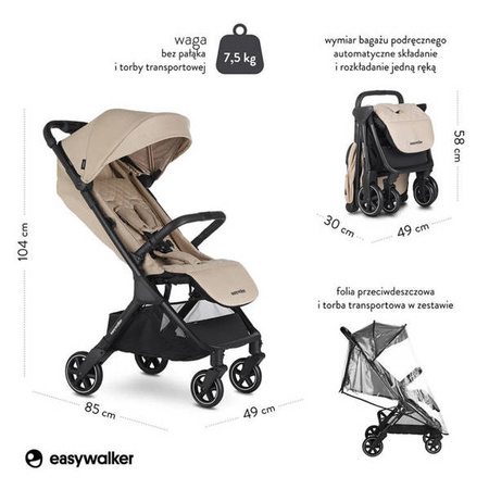 Easywalker Jackey Kompaktowy, samoskładający się wózek spacerowy z torbą transportową Sand Taupe