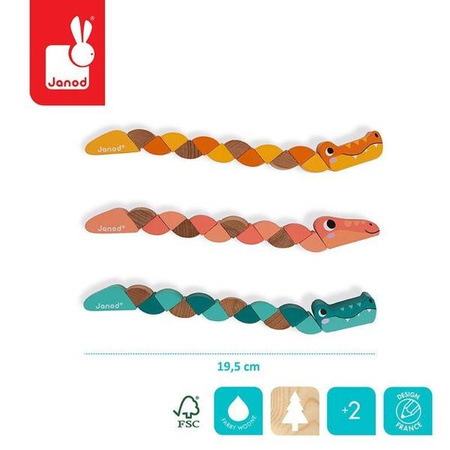 Drewniana elastyczna układanka Wąż + Krokodyl Pocket 2+, opakowanie zbiorcze 12 sztuk (3 rodzaje), Janod