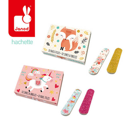 Zestaw 12 mini pilników do paznokci Lisek + Jednorożec 7+, opakowanie zbiorcze 12 sztuk (6 szt. + 6 szt.), Janod