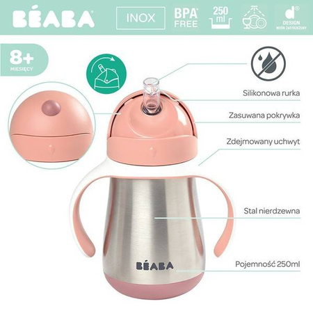 BEABA Bidon termiczny termobutelka ze słomką 250 ml Old Pink