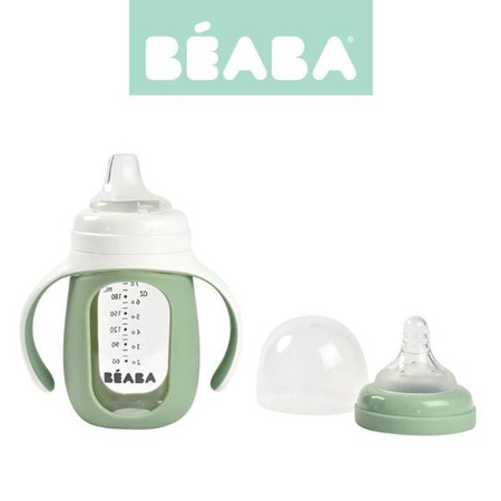 Beaba Szklana butelka treningowa w silikonowej osłonce 2w1 210 ml Sage green