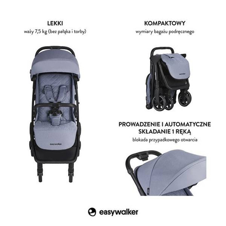 Easywalker Jackey Kompaktowy, samoskładający się wózek spacerowy z torbą transportową Steel Grey