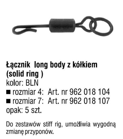 ŁĄCZNIK LONG BODY Z PIERŚCIENIEM DO ZESTAWÓW KARPIOWYCH ROZMIAR 7 OP.5SZT TEAM CARP KONGER 962018107