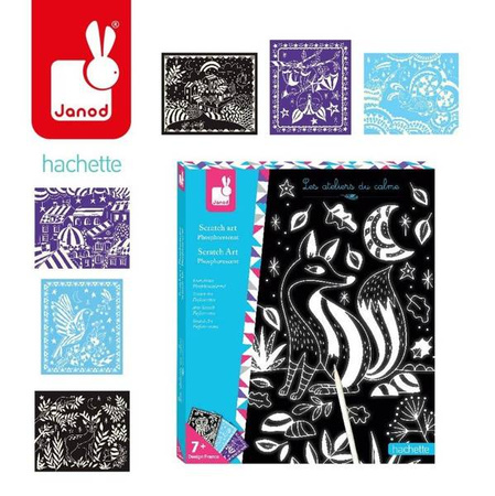 Zestaw kreatywny Do zdrapywania Karty świecące w ciemności Nocny świat 7+, Janod