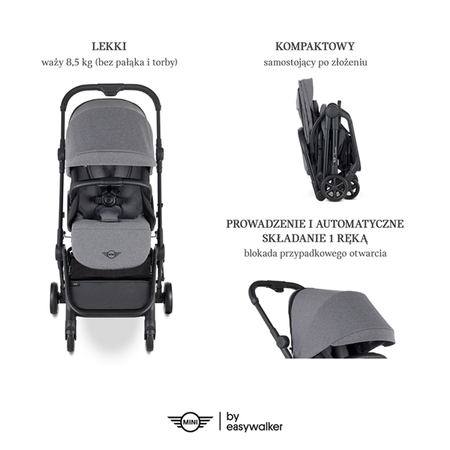 MINI by Easywalker Buggy TURN Kompaktowy wózek spacerowy z obrotowym siedziskiem 360° Soho Grey (z osłoną przeciwdeszczową w zestawie)