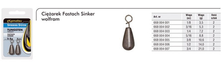 CIĘŻARKI WOLFRAMOWE FASTACH SINKER 5,3g/3/16oz. OP 2SZT SPINNING SYSTEM KAMATSU 668004002