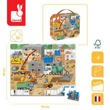 Puzzle w walizce Plac budowy 36 elementów 4+ Made in France, Janod