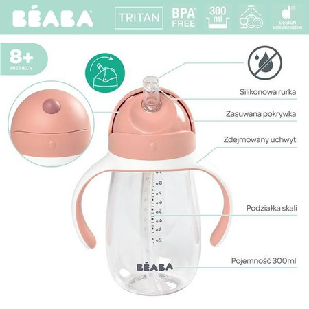 Beaba Butelka - kubek niekapek tritanowa ze słomką 300 ml old pink