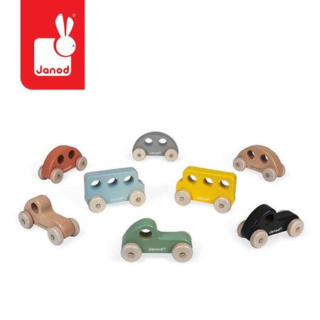 Drewniane pojazdy Sweet Cocoon, opakowanie zbiorcze 8 sztuk (3 modele: 3+3+2), Janod