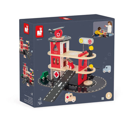 Drewniana remiza strażacka z 5 akcesoriami Bolid 2+, Janod