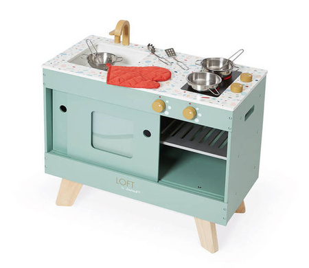 Drewniana kuchnia Loft z dźwiękiem i 8 akcesoriami 3+, Janod