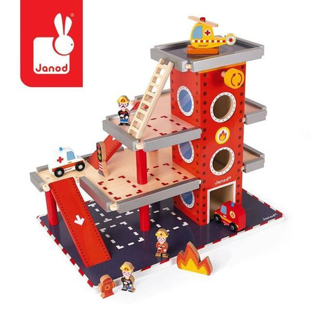 Remiza garaż drewniany z 10 akcesoriami, Janod