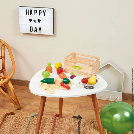 Drewniana skrzynka z warzywami i owocami do krojenia oraz akcesoriami 23 elementy, Janod