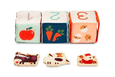 LILLIPUTIENS Zestaw 3 kostek aktywizujących wielofunkcyjnych z ukrytymi elementami Farma 18 m+