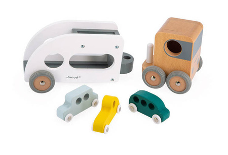 Laweta z 3 pojazdami drewniana Bolid 2+, Janod