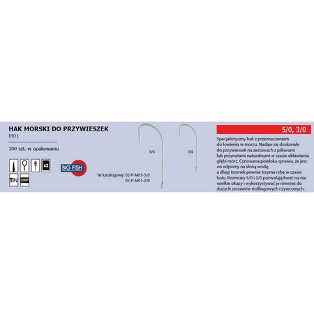 Haczyk do zawieszek morskich M01, rozm. 5/0 (100 szt.) Robinson 02-P-M01-5/0