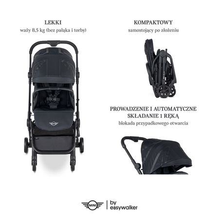 MINI by Easywalker Buggy TURN Kompaktowy wózek spacerowy z obrotowym siedziskiem 360° Oxford Black (z osłoną przeciwdeszczową w zestawie)
