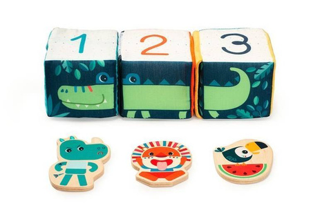 LILLIPUTIENS Zestaw 3 kostek aktywizujących wielofunkcyjnych z ukrytymi elementami Dżungla 18 m+