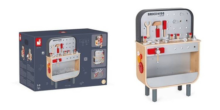 Dwustronny drewniany stolik warsztatowy z 34 akcesoriami Brico'kids 3-8 lat, Janod