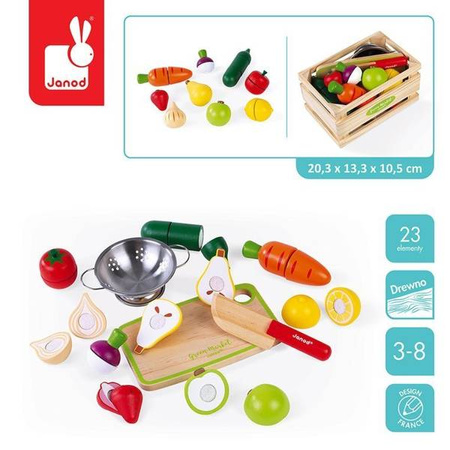 Drewniana skrzynka z warzywami i owocami do krojenia oraz akcesoriami 23 elementy, Janod