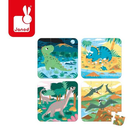 Puzzle progresywne w walizce Dinozaury 4 układanki – 6, 9, 12 i 16 elementów 3+, Janod