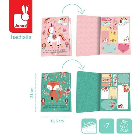 Zestaw 9 rodzajów samoprzylepnych karteczek w notesie Lisek + Jednorożec 7+, opakowanie zbiorcze 12 sztuk (6 szt. + 6 szt.), Janod