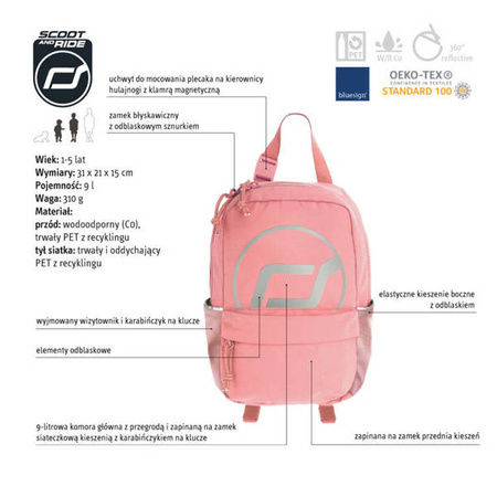 SCOOTANDRIDE Plecak na hulajnogę dla dzieci 1-5 lat, 9l, Peach