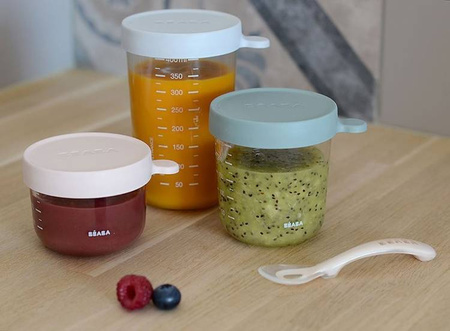 BEABA Zestaw pojemników słoiczków szklanych z hermetycznym zamknięciem 150 + 250 + 400 ml pink, eucalyptus green i light mist