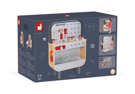 Dwustronny drewniany stolik warsztatowy z 34 akcesoriami Brico'kids 3-8 lat, Janod