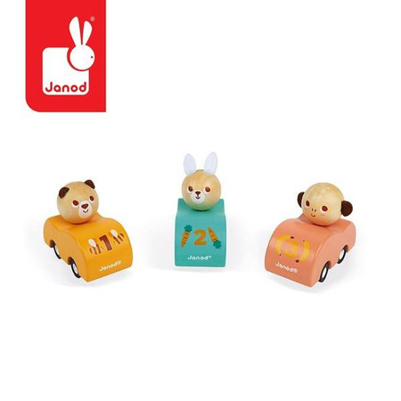 Drewniany samochodzik z napędem Pocket 2+, opakowanie zbiorcze 15 sztuk (3 rodzaje), Janod