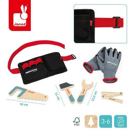 Pas z drewnianymi narzędziami i rękawicami roboczymi Brico'kids 3-6 lat, Janod