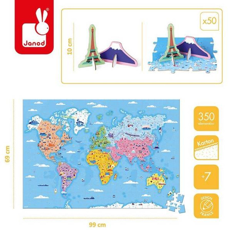 Puzzle edukacyjne z figurkami 3D Cuda świata 350 elementów 7 +, Janod
